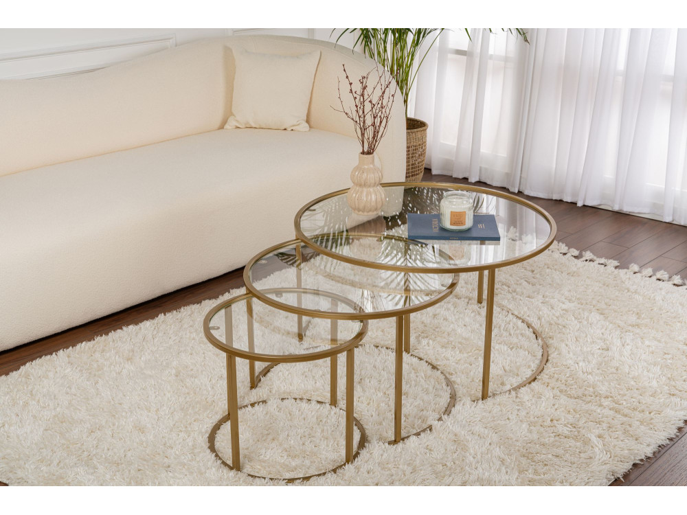 Set di 3 tavolini in metallo "Aurum" - 80 x 80 x 43 cm - Oro trasparente