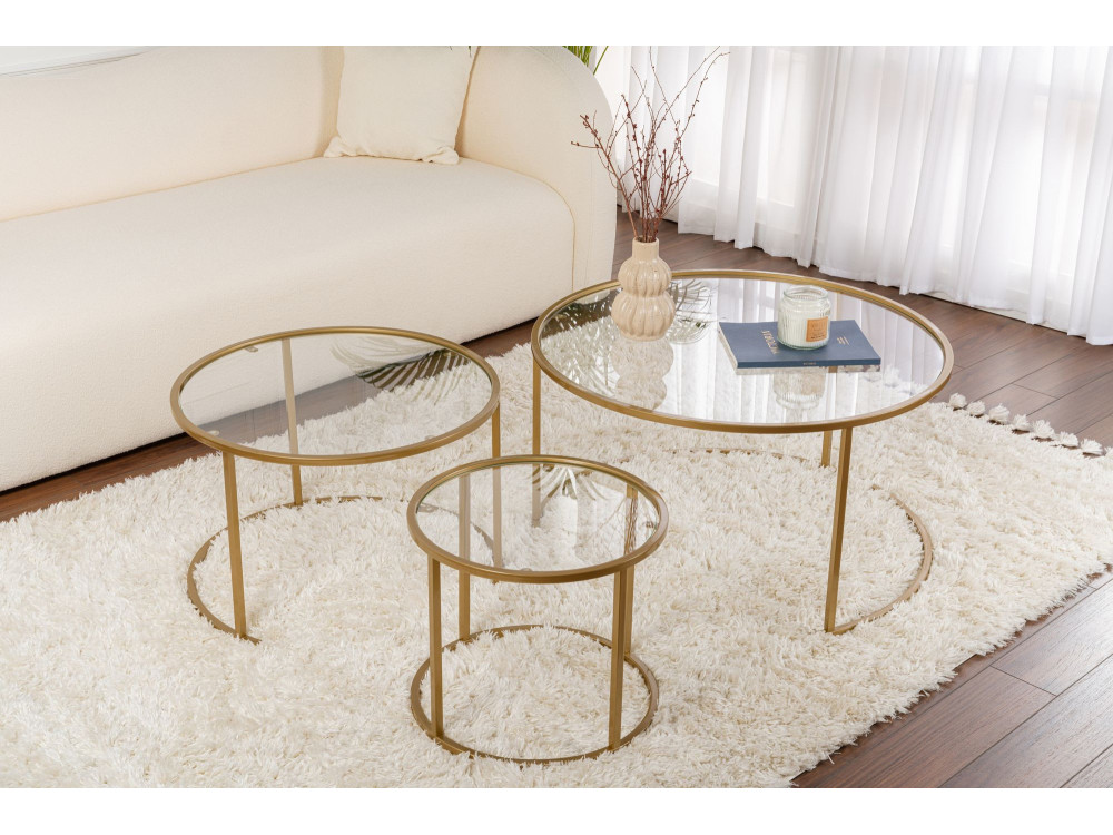 Set di 3 tavolini in metallo "Aurum" - 80 x 80 x 43 cm - Oro trasparente