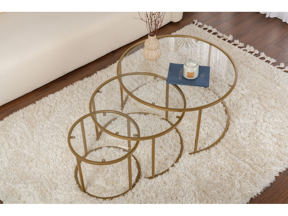 Set di 3 tavolini in metallo "Aurum" - 80 x 80 x 43 cm - Oro trasparente