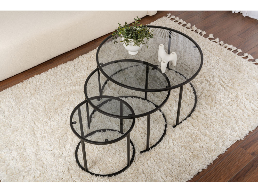 Set di 3 tavolini in metallo "Aurum" - 80 x 80 x 43 cm - Nero Grigio
