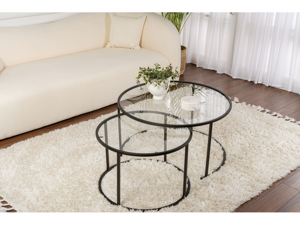 Set di 2 tavolini da caffè in metallo "Aurum" - 80 x 80 x 43 cm - Nero/Trasparente