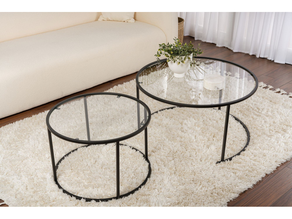 Set di 2 tavolini da caffè in metallo "Aurum" - 80 x 80 x 43 cm - Nero/Trasparente