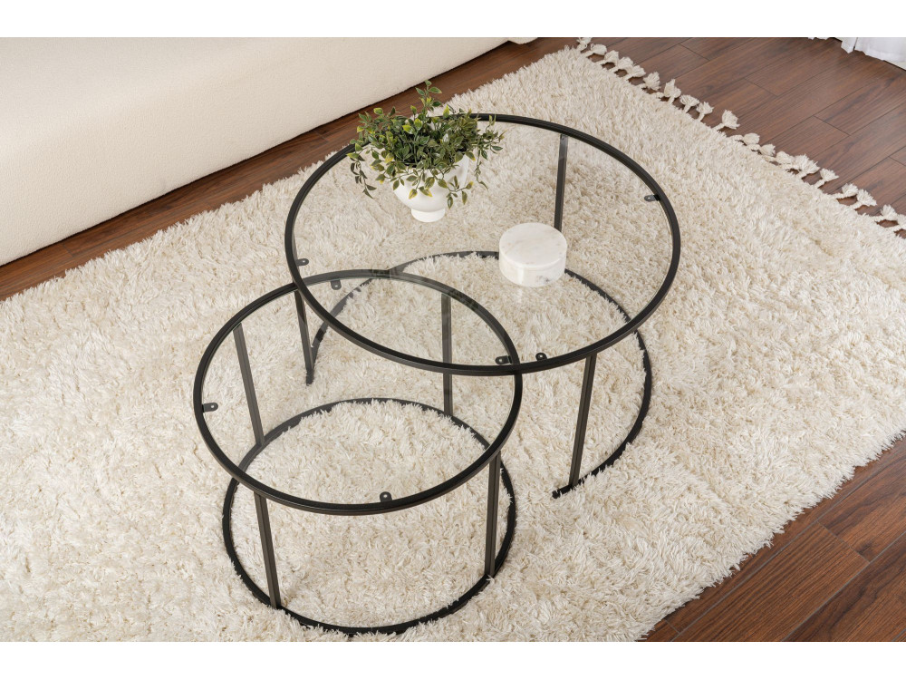 Set di 2 tavolini da caffè in metallo "Aurum" - 80 x 80 x 43 cm - Nero/Trasparente