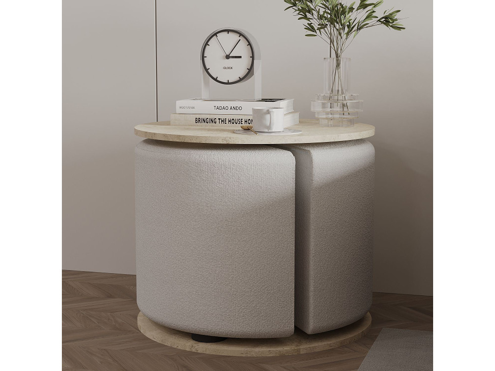 Tavolino "Vexana" con poggiapiedi in legno - 43 x 43 x 47 cm - Travertino