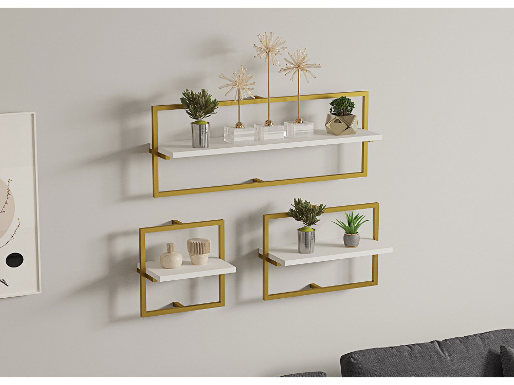 Mensola da parete in legno "Yeso" - 80 x 20 x 30 cm - Bianco, Oro