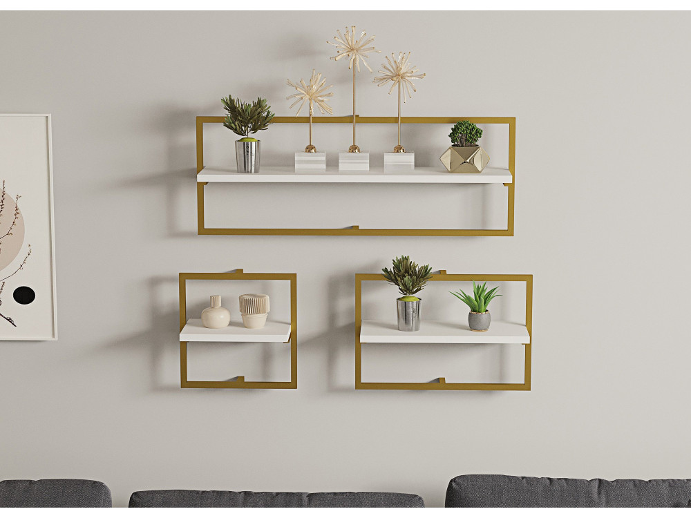 Mensola da parete in legno "Yeso" - 80 x 20 x 30 cm - Bianco, Oro