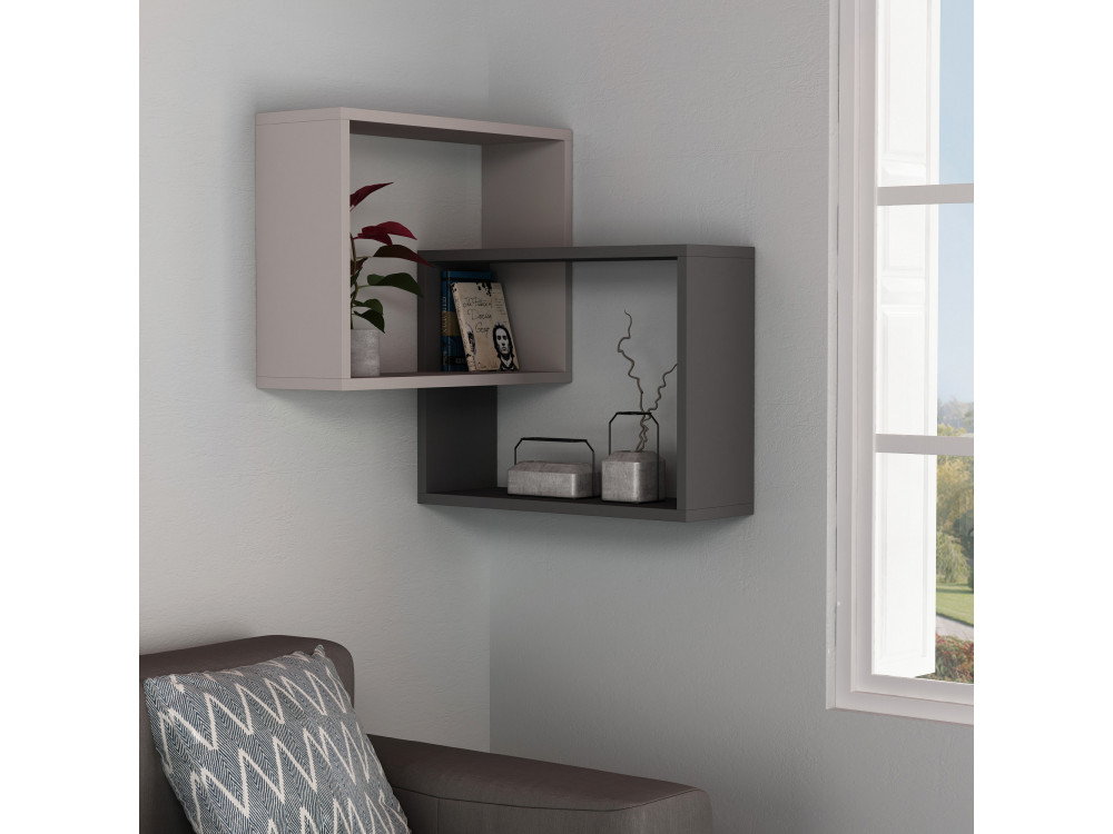 Set di 2 mensole angolari da parete in legno "Ring" - 68 x 60 x 68 cm - Marrone chiaro moka