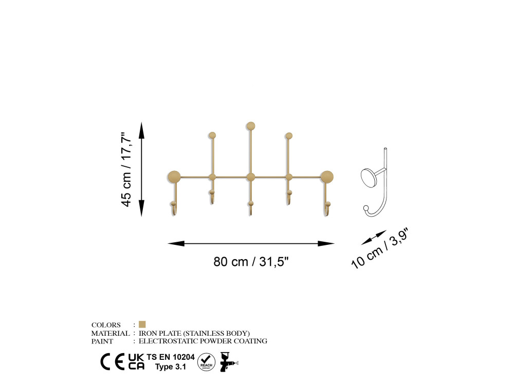 Gancio da parete in metallo "iyon-A" - 80 x 10 x 45 cm - Oro