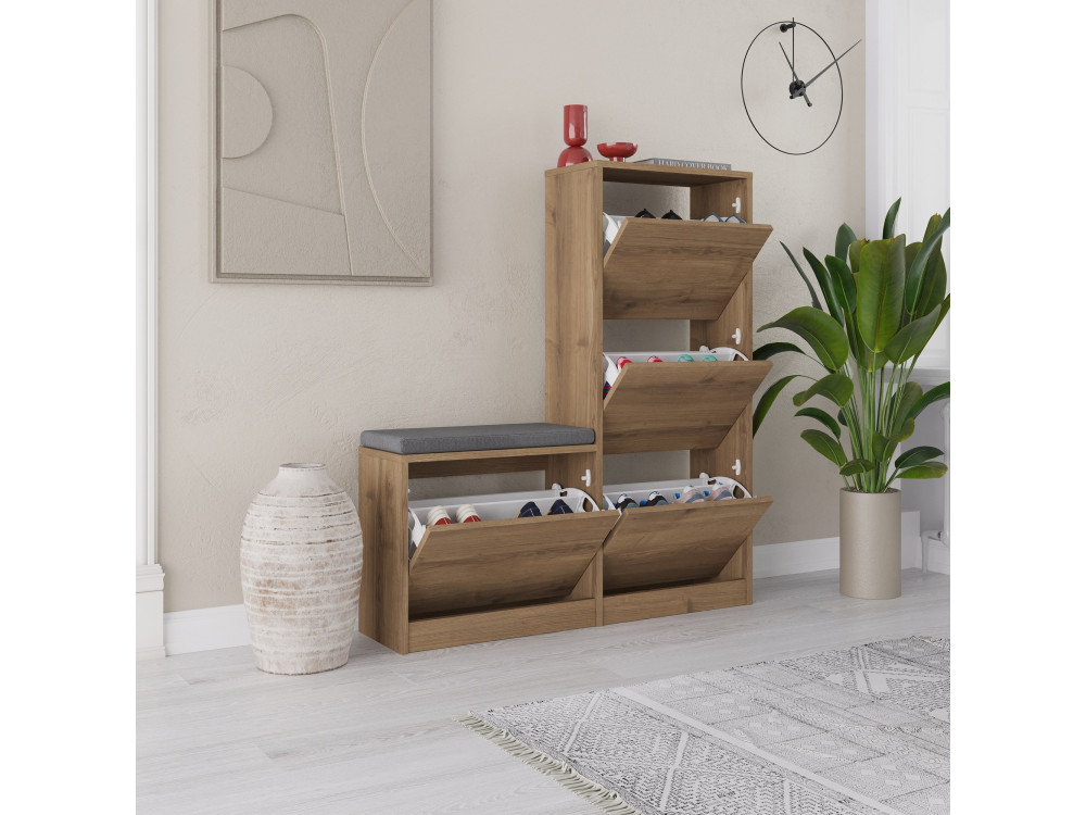 Scarpiera "Dude" con seduta in legno - 105 x 26 x 118 cm - Marrone
