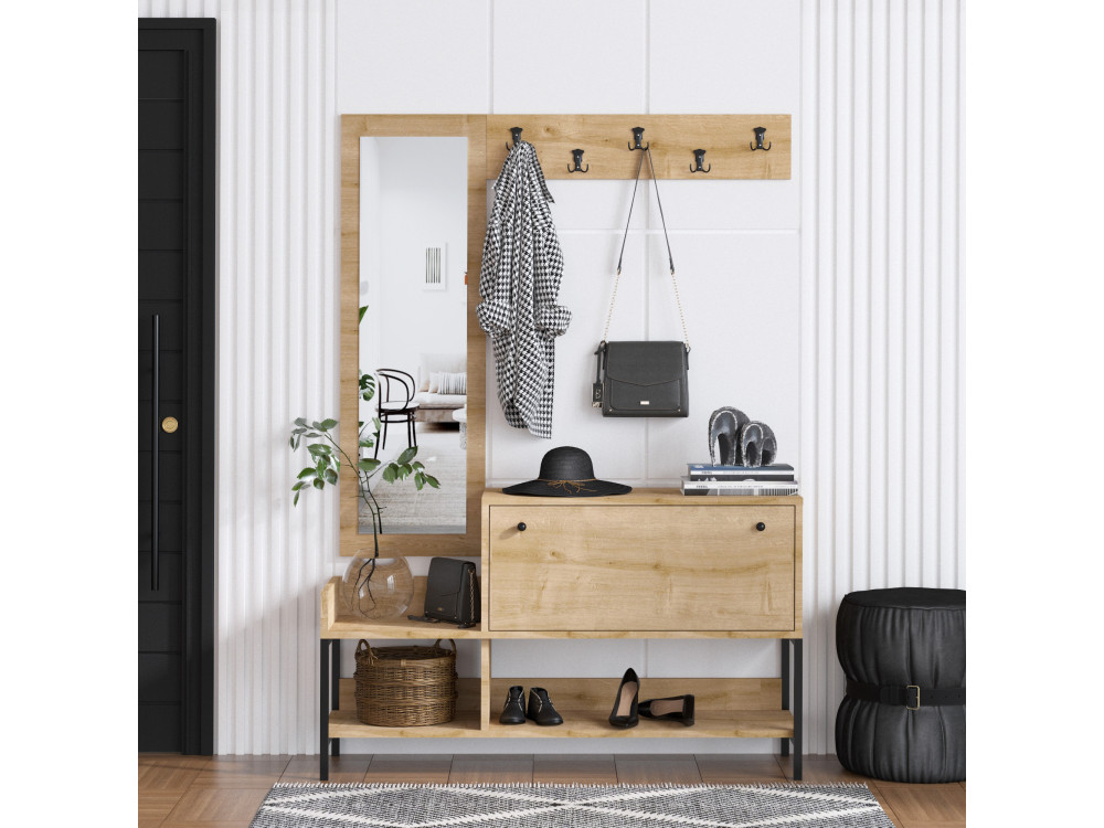 Scarpiera "Nonso" in legno con specchio - 120 x 35 x 70 cm - Beige