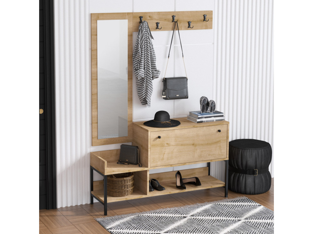 Scarpiera "Nonso" in legno con specchio - 120 x 35 x 70 cm - Beige