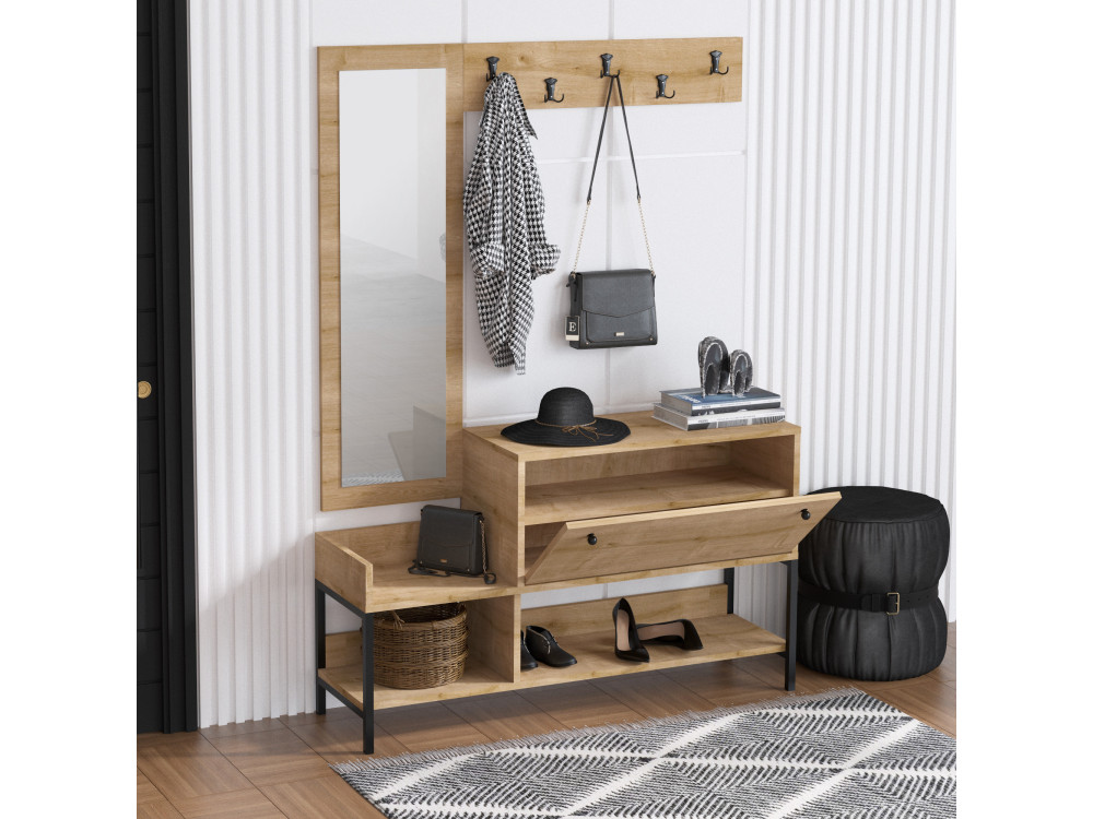 Scarpiera "Nonso" in legno con specchio - 120 x 35 x 70 cm - Beige