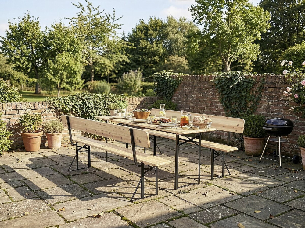 Set da giardino in legno "Lisbon" con schienale - 220 cm - Marrone