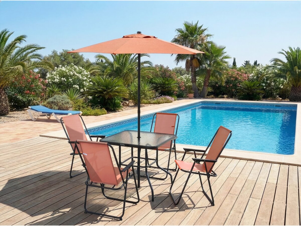 Tavolo e sedie da giardino in metallo "Convivia" con ombrellone - 4 posti - Terracotta