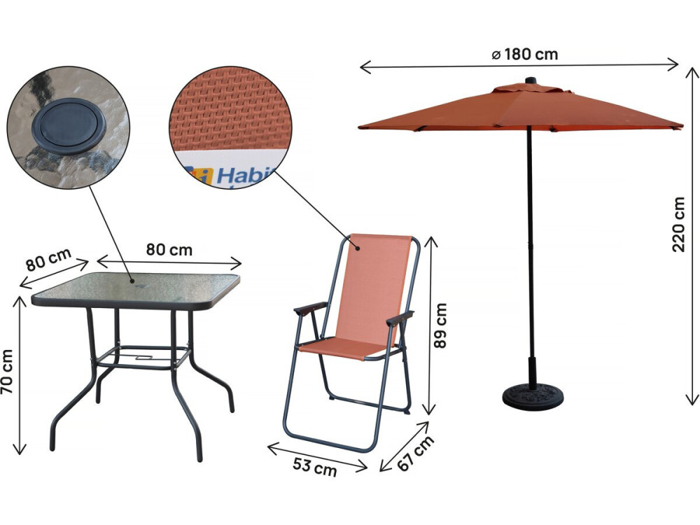 Tavolo e sedie da giardino in metallo "Convivia" con ombrellone - 4 posti - Terracotta