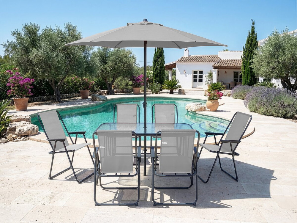 Tavolo e sedie da giardino in metallo "Convivia" con ombrellone - 6 posti - Grigio chiaro