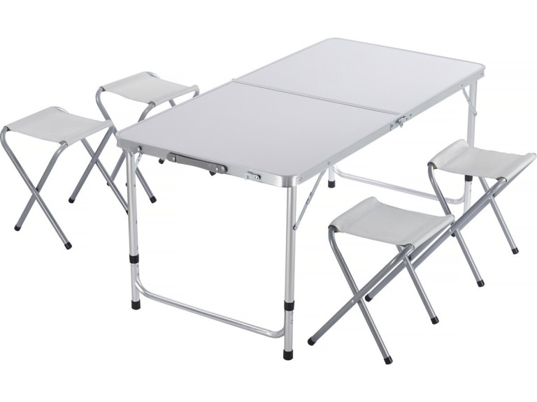 Set di tavolo da campeggio e 4 sgabelli pieghevoli - 125 x 60 cm - Bianco