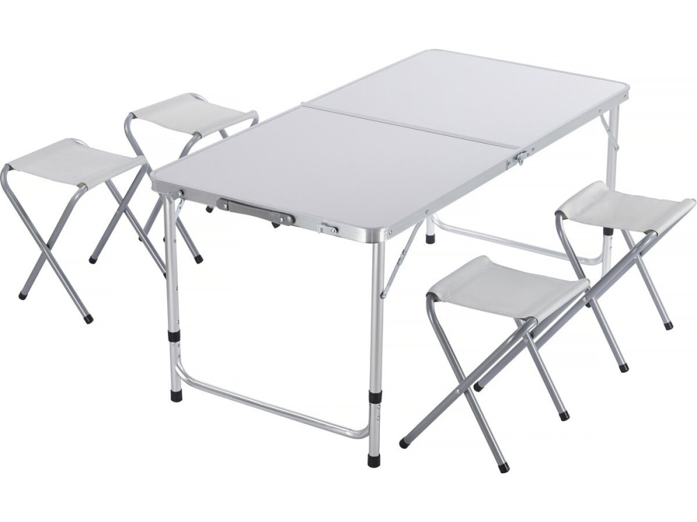 Set di tavolo da campeggio e 4 sgabelli pieghevoli - 125 x 60 cm - Bianco
