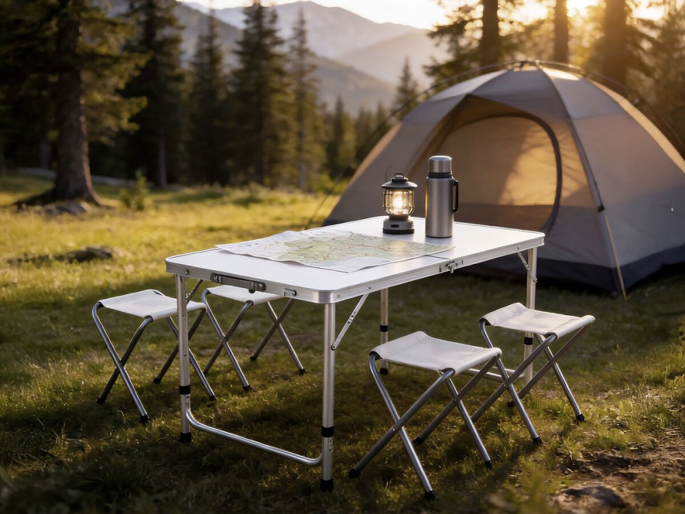 Set di tavolo da campeggio e 4 sgabelli pieghevoli - 125 x 60 cm - Bianco