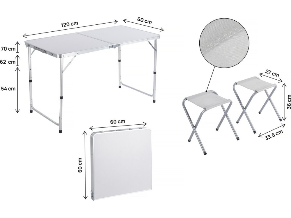 Set di tavolo da campeggio e 4 sgabelli pieghevoli - 125 x 60 cm - Bianco