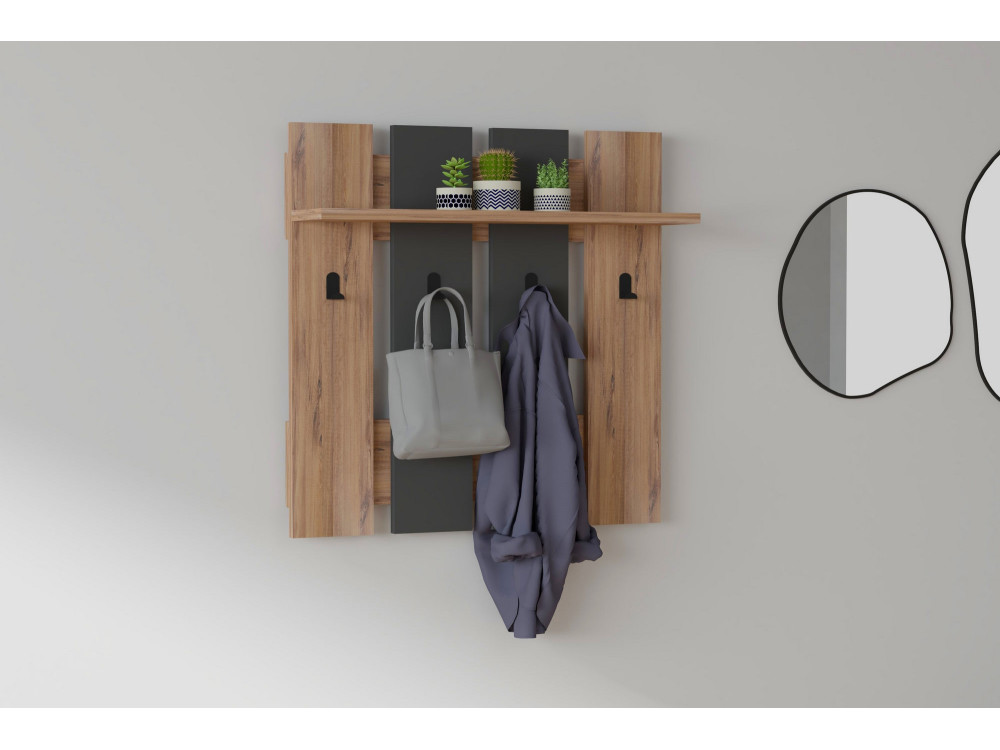 Appendiabiti a muro "Mita" con ripiano in legno - 70 x 14 x 70 cm - Grigio antracite