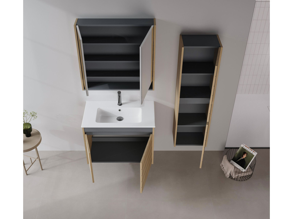Mobile da bagno con specchio "Ricato 80" - 80 x 16 x 78 cm - Noce