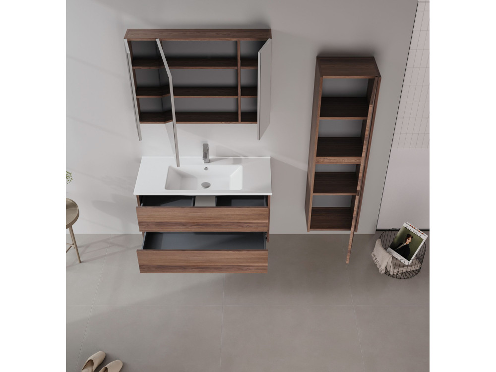 Mobile da bagno con specchio "Side 100" - 100 x 16 x 66 cm - Noce scuro