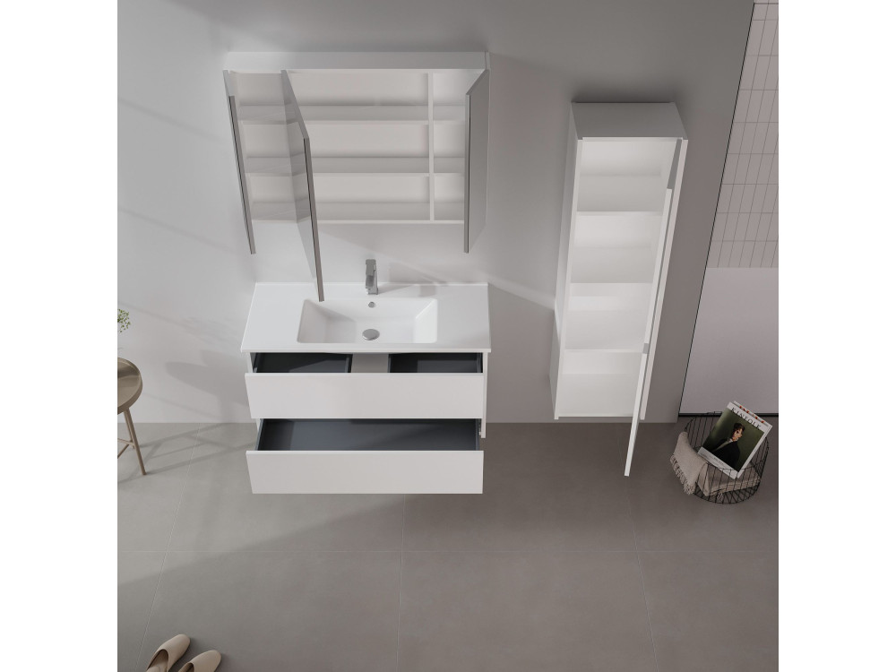 Mobile da bagno con specchio "Side 100" - 100 x 16 x 66 cm - Bianco opaco