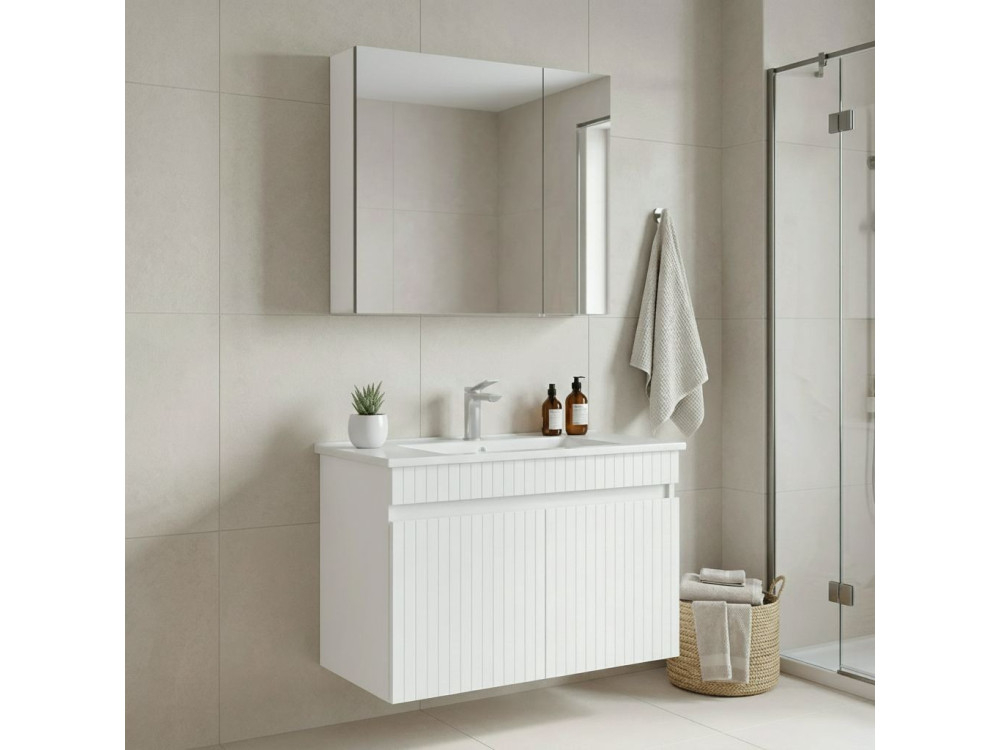 Set mobile lavabo con specchio (2 pezzi) "Tivoli 85" - 85 x 45 x 57 cm - Bianco opaco