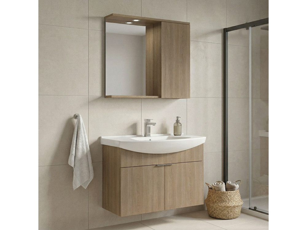 Set mobile lavabo con specchio (2 pezzi) "Purus 80" - 80 x 50 x 58 cm - Rovere