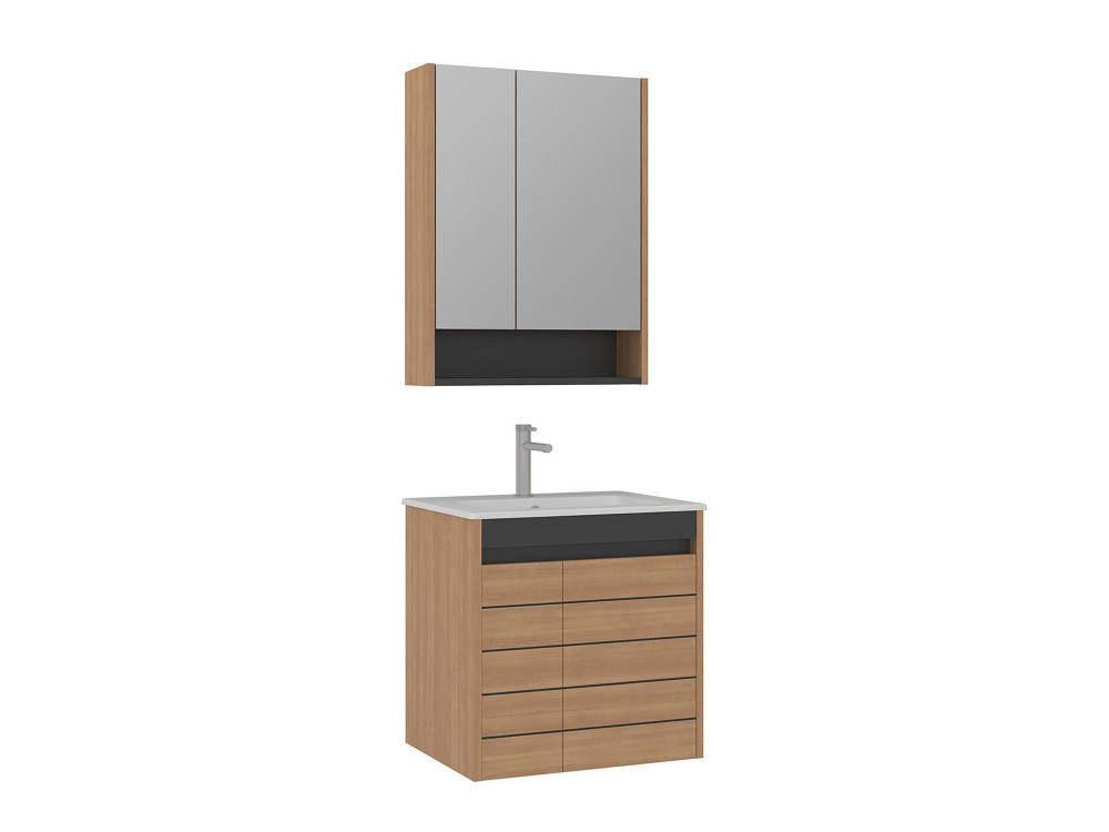 Set mobile lavabo con specchio (2 pezzi) "Ricato 60" - 61 x 47 x 62 cm - Rovere