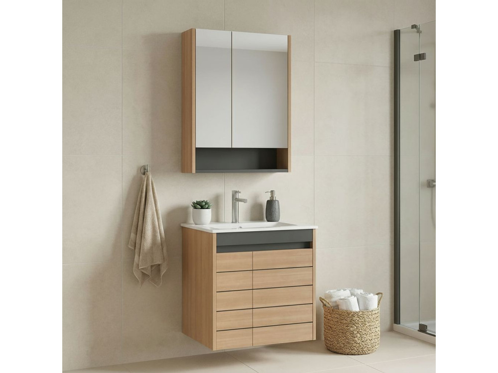 Set mobile lavabo con specchio (2 pezzi) "Ricato 60" - 61 x 47 x 62 cm - Rovere