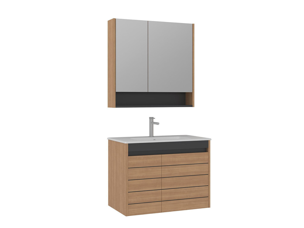 Set mobile lavabo con specchio (2 pezzi) "Ricato 80" - 81 x 47 x 62 cm - Rovere