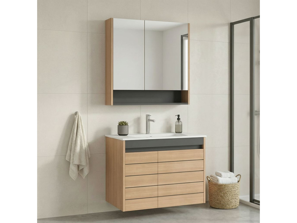 Set mobile lavabo con specchio (2 pezzi) "Ricato 80" - 81 x 47 x 62 cm - Rovere
