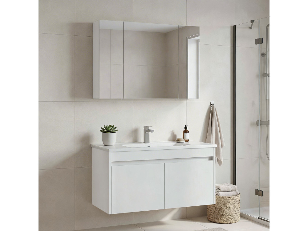 Set mobile lavabo con specchio (2 pezzi) "Side 100 v3" - 100 x 45 x 52 cm - Bianco opaco