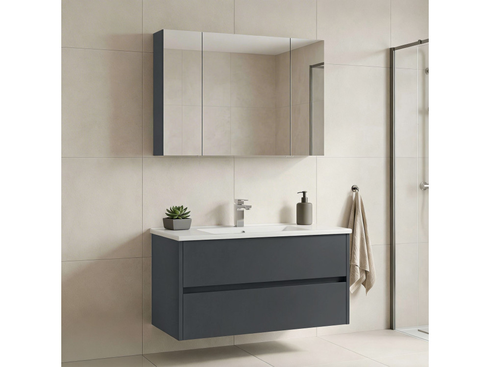 Set mobile lavabo con specchio (2 pezzi) "Side 100 v3" - 100 x 16 x 52 cm - Antracite opaco