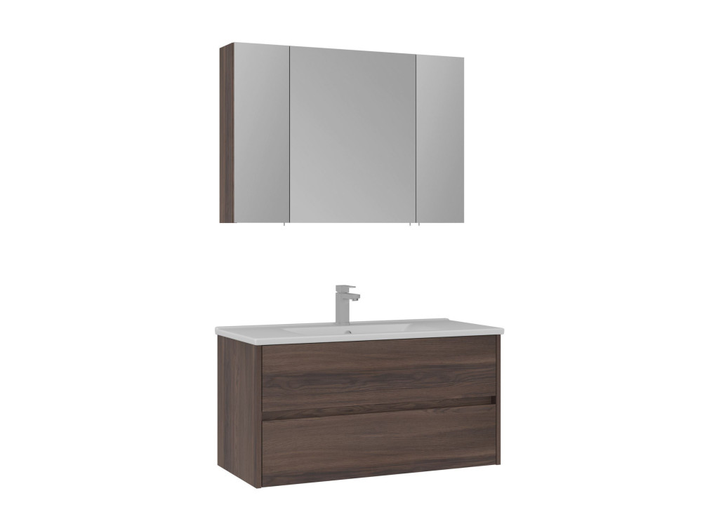 Set mobile lavabo con specchio (2 pezzi) "Side 100 v3" - 100 x 16 x 52 cm - Noce
