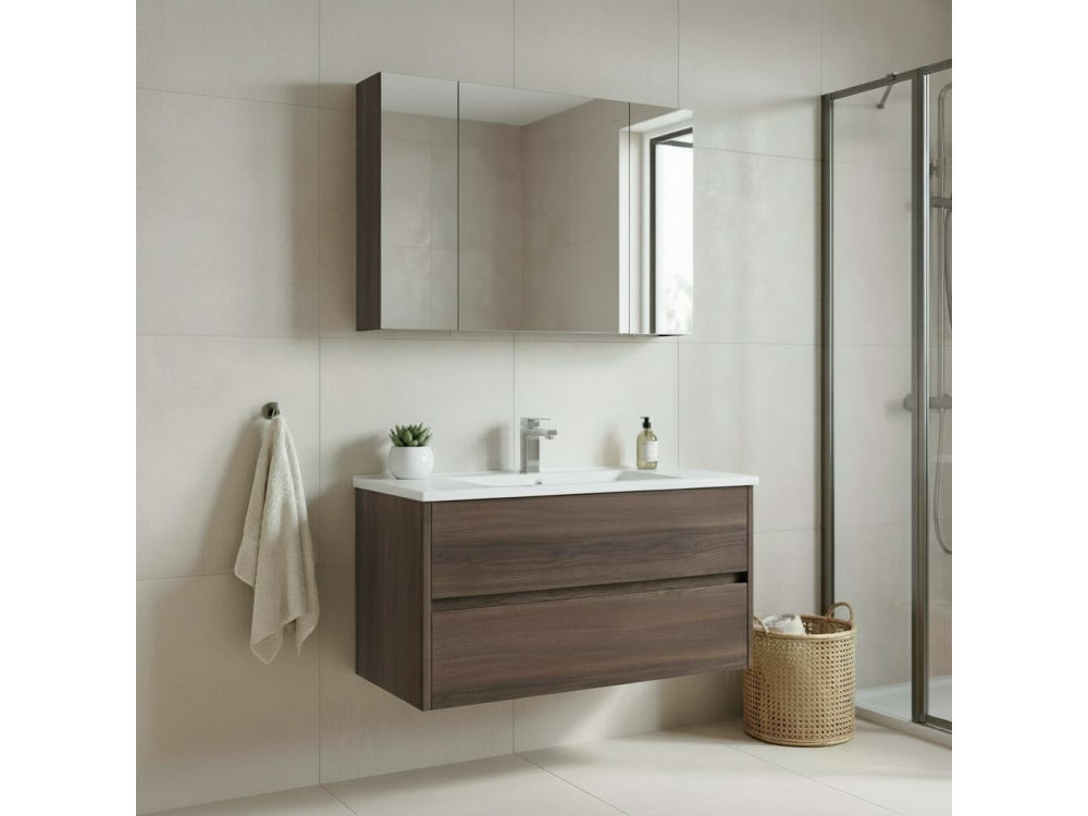 Set mobile lavabo con specchio (2 pezzi) "Side 100 v3" - 100 x 16 x 52 cm - Noce