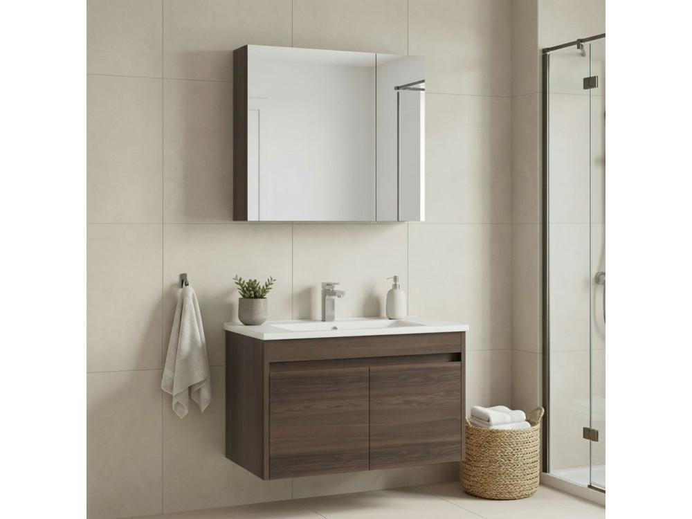 Set mobile lavabo con specchio (2 pezzi) "Side 100 v3" - 85 x 45 x 52 cm - Noce