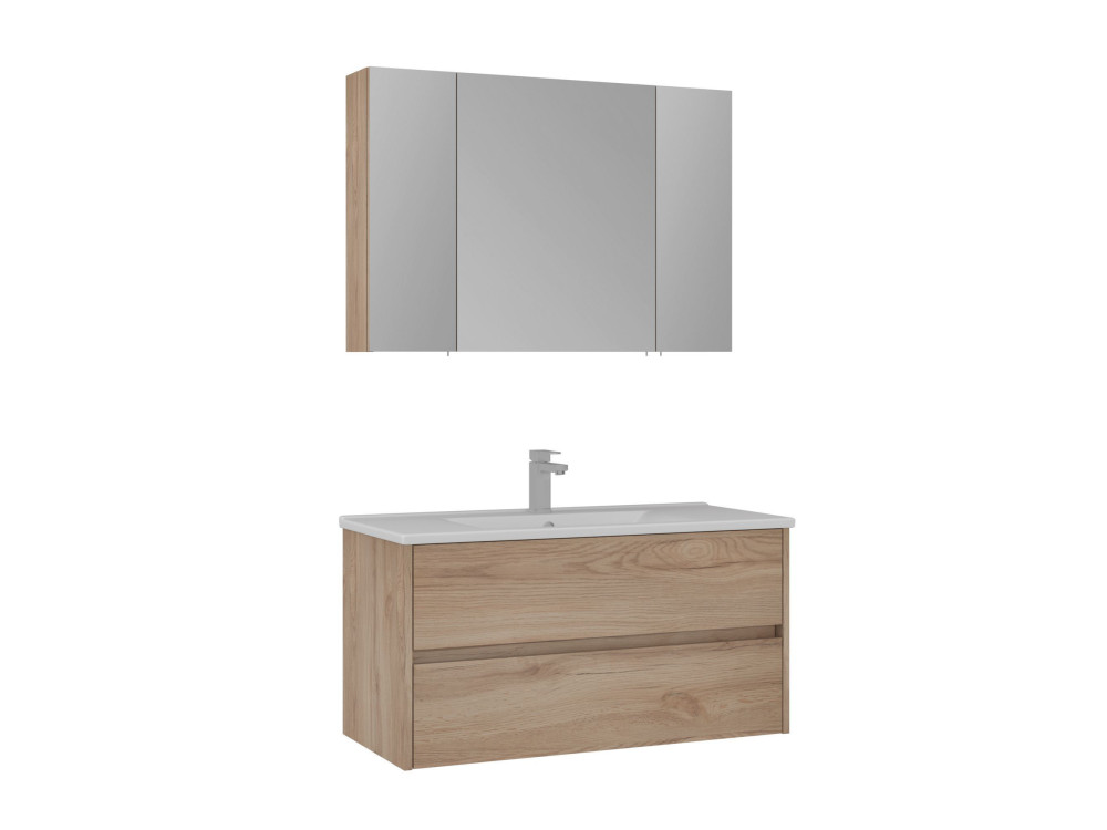 Set mobile lavabo con specchio (2 pezzi) "Side 100 v3" - 100 x 16 x 52 cm - Rovere