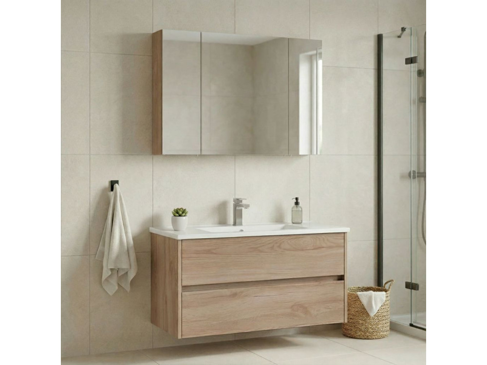 Set mobile lavabo con specchio (2 pezzi) "Side 100 v3" - 100 x 16 x 52 cm - Rovere