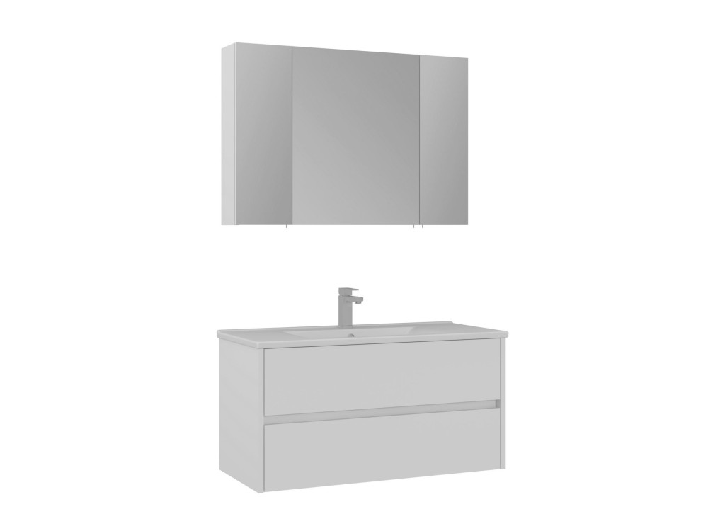 Set mobile lavabo con specchio (2 pezzi) "Side 100 v3" - 100 x 16 x 52 cm - Bianco opaco