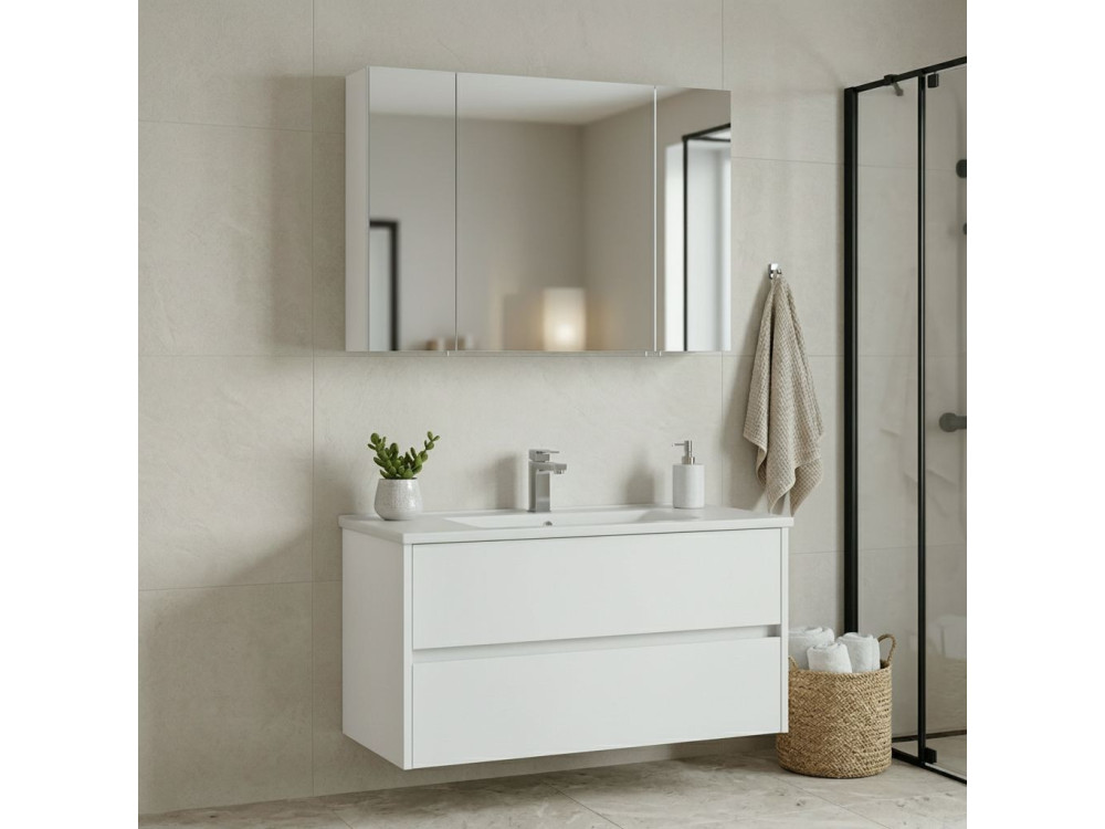 Set mobile lavabo con specchio (2 pezzi) "Side 100 v3" - 100 x 16 x 52 cm - Bianco opaco