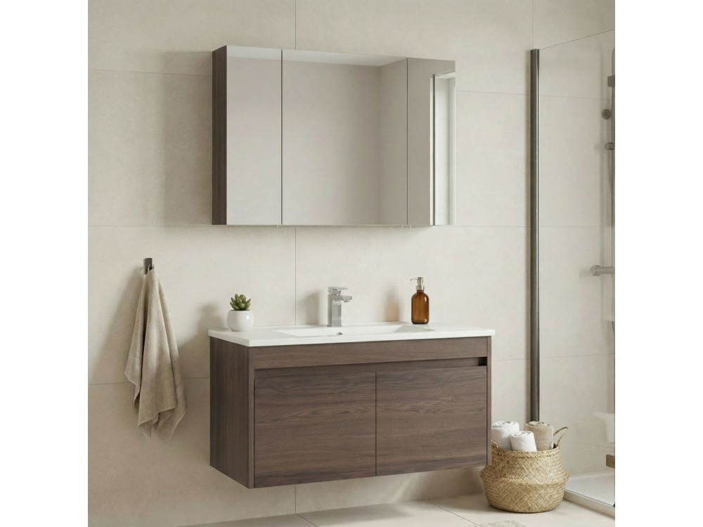 Set mobile lavabo con specchio (2 pezzi) "Side 100 v3" - 100 x 45 x 52 cm - Noce
