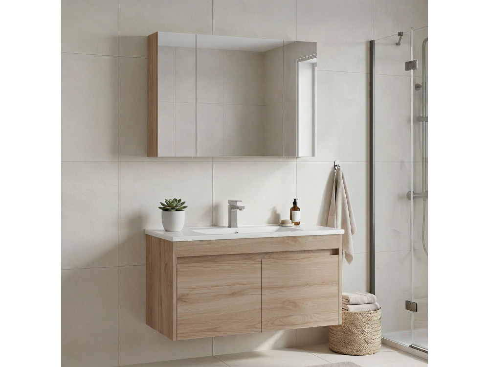 Set mobile lavabo con specchio (2 pezzi) "Side 100 v3" - 100 x 45 x 52 cm - Rovere