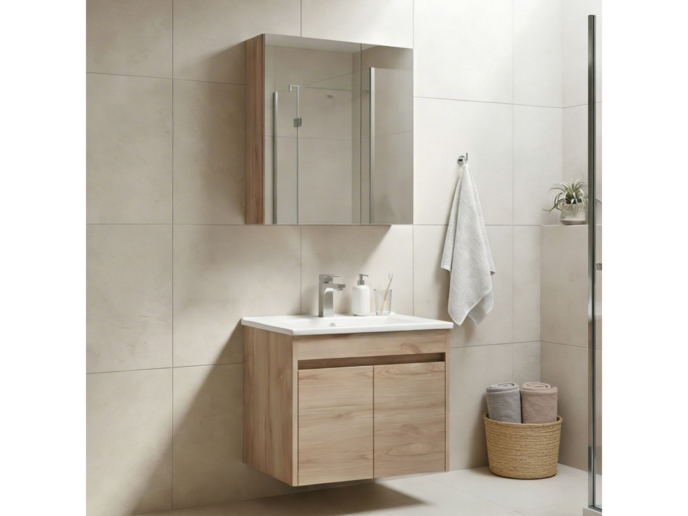 Set mobile lavabo con specchio (2 pezzi) "Side 65 v2" - 65 x 45 x 52 cm - Rovere