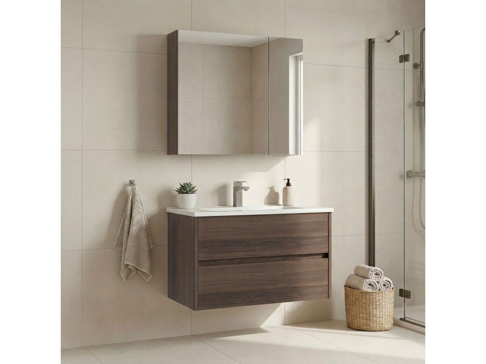 Set mobile lavabo con specchio (2 pezzi) "Side 85 v2" - 85 x 45 x 52 cm - Noce