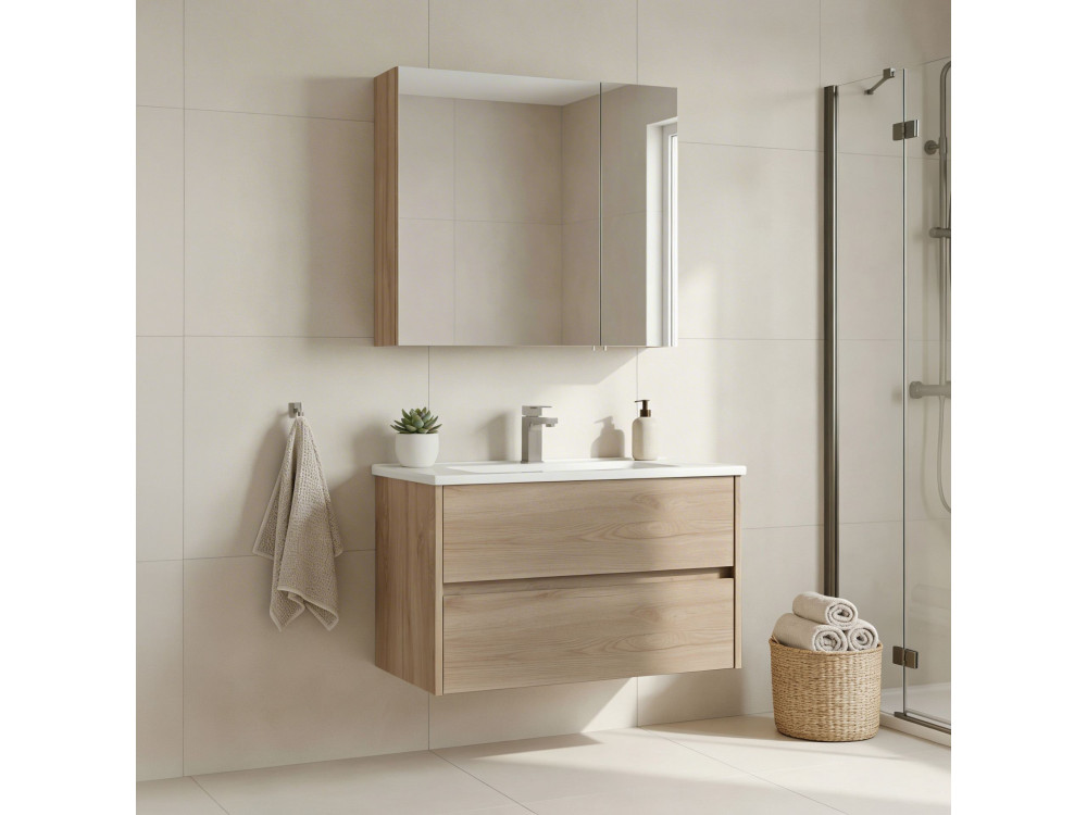 Set mobile lavabo con specchio (2 pezzi) "Side 85 v2" - 85 x 45 x 52 cm - Rovere