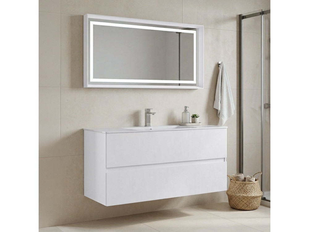 Set mobile lavabo con specchio (2 pezzi) "Nest 121 v2" - 121 x 51 x 55 cm - Bianco opaco