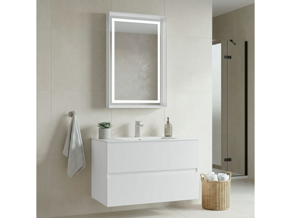 Set mobile lavabo con specchio (2 pezzi) "Nest 91 v2" - 91 x 51 x 55 cm - Bianco opaco